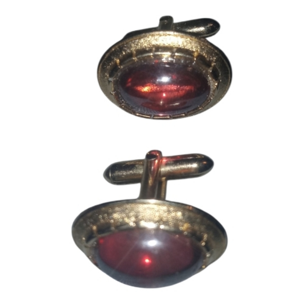 Signed Swank Oval Dark Pink Glass Gold Tone Metal Cuff Links